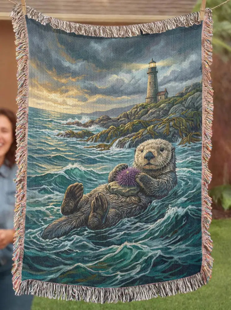 Woven coastal cotton blanket with floating sea otter and lighthouse