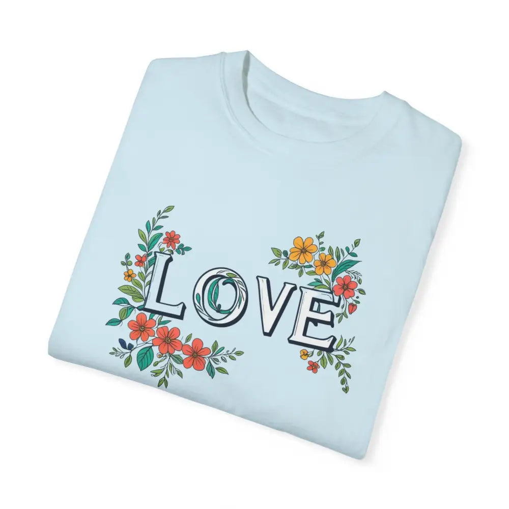 Light blue floral love unisex tee embracing vibrant blooms graphic