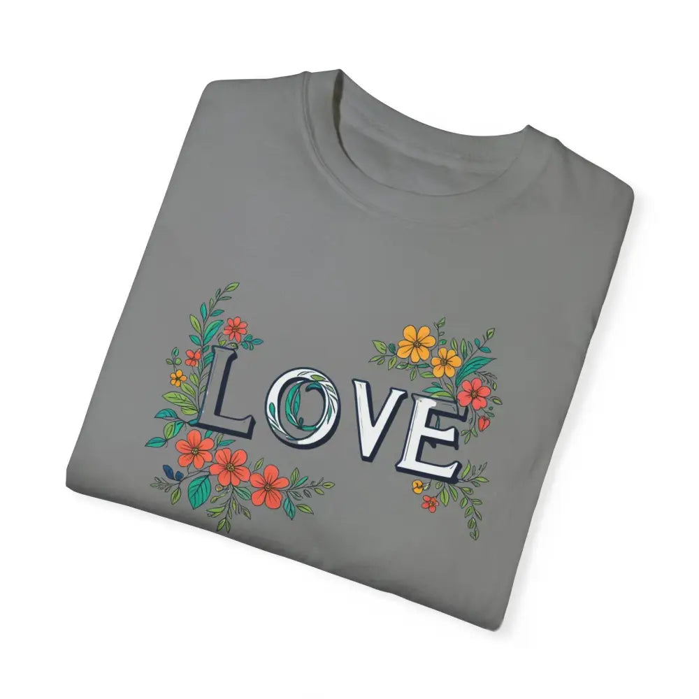 Gray unisex tee with floral love design embracing vibrant blooms