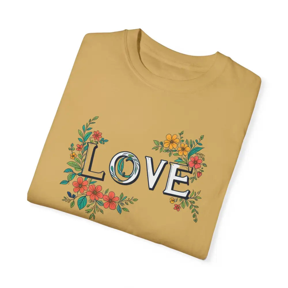 Folded mustard yellow Floral Love Unisex t-shirt embracing vibrant blooms