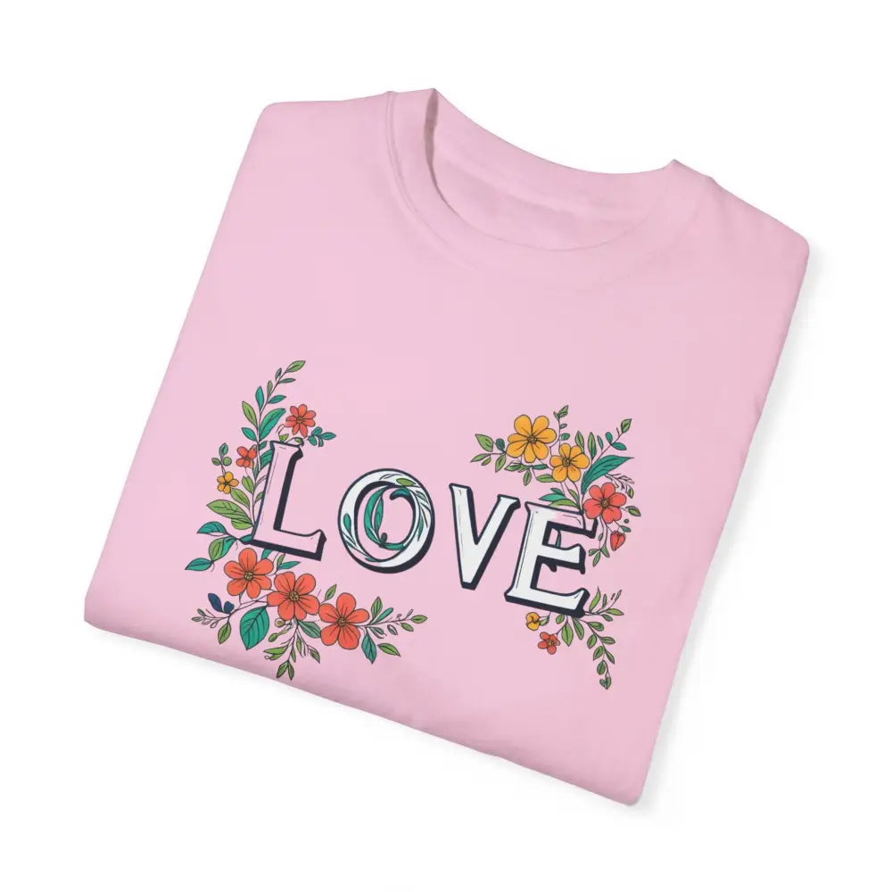 Pink floral love unisex tee embracing vibrant blooms graphic