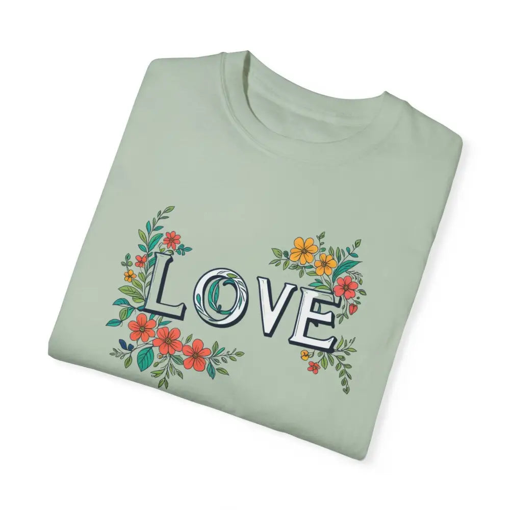 Light green floral love unisex tee embracing vibrant blooms graphic