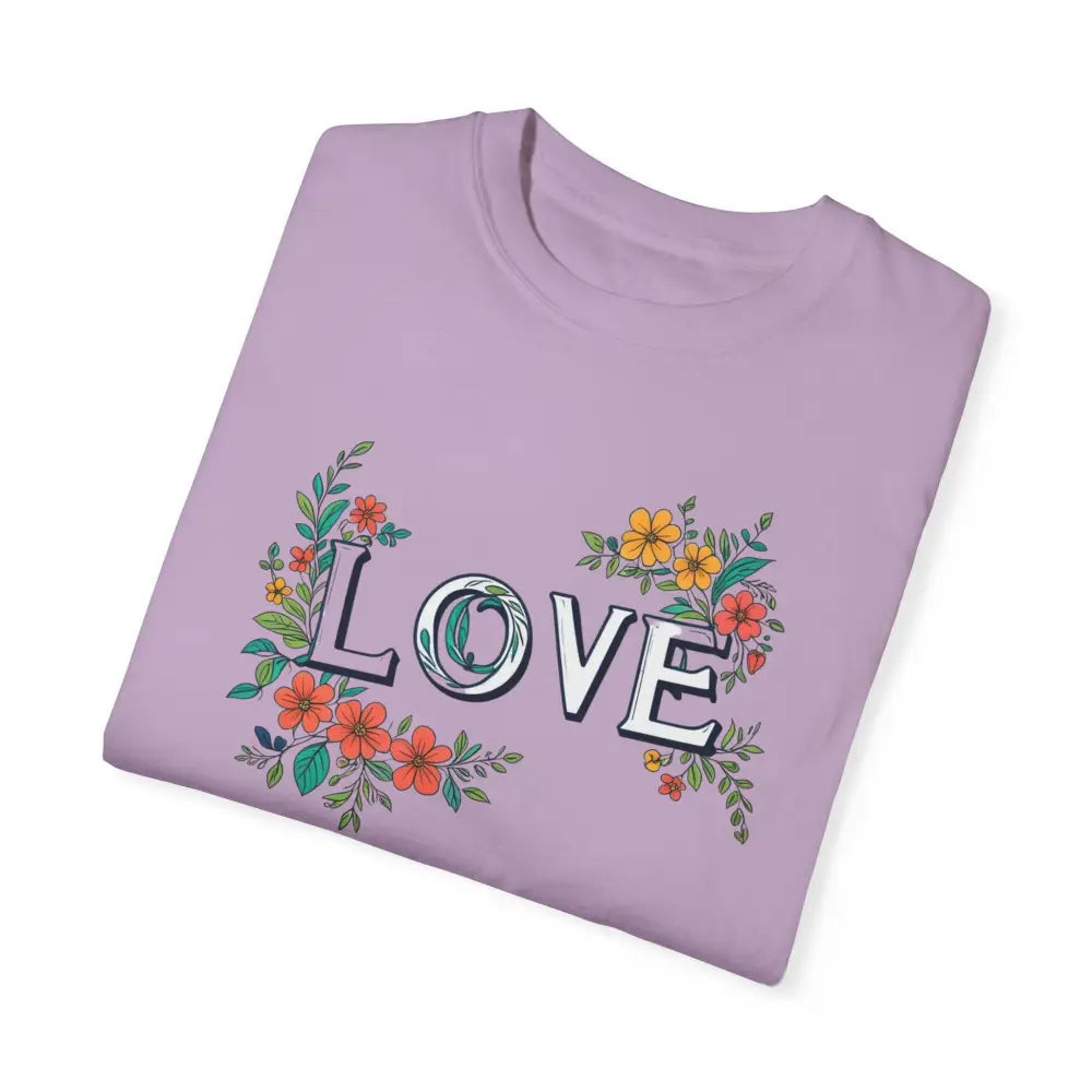 Floral love unisex tee with lavender t-shirt and vibrant blooms LOVE graphic