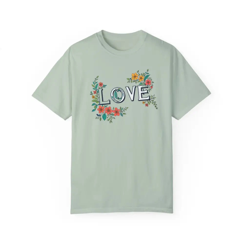 Light green floral love unisex tee with vibrant blooms graphic