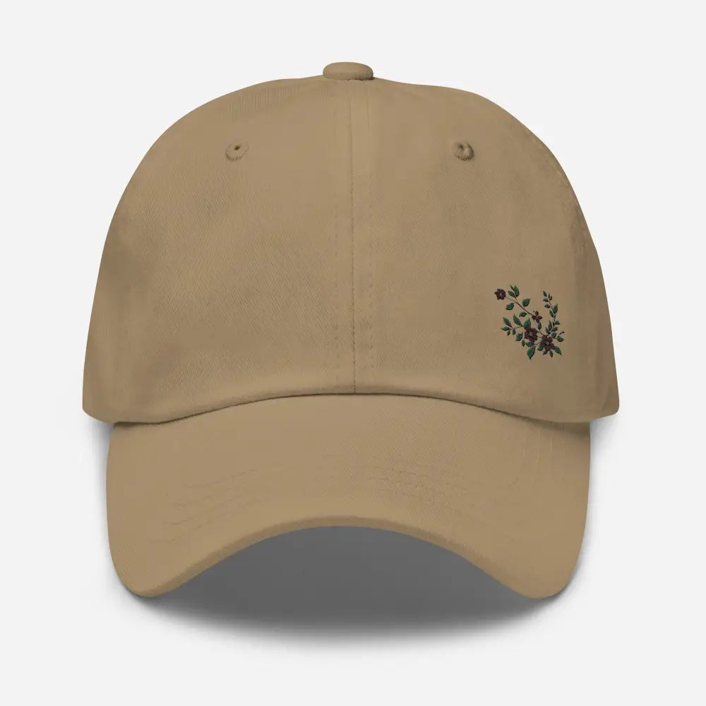 Tan flower vine embroidered dad hat with baseball cap design