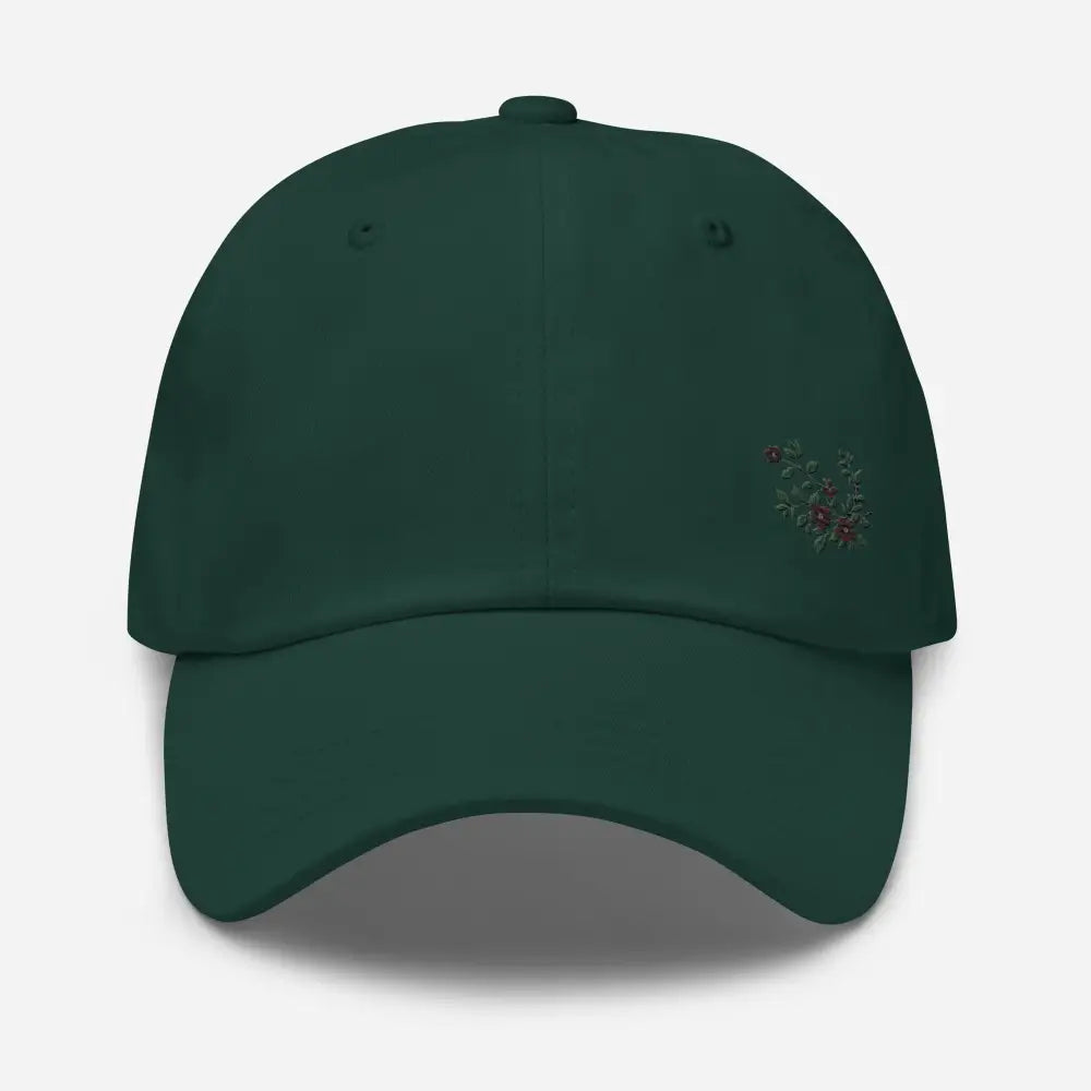 Dark green flower vine embroidered dad hat with subtle floral side design