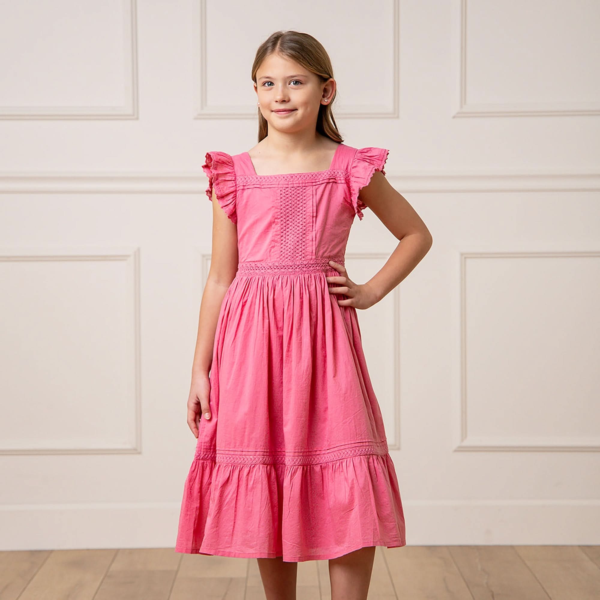 Flutter Sleeve Organic Cotton Maxi Dress – Girls’ Tiered Party Dress in Deep Rose - Triniskies