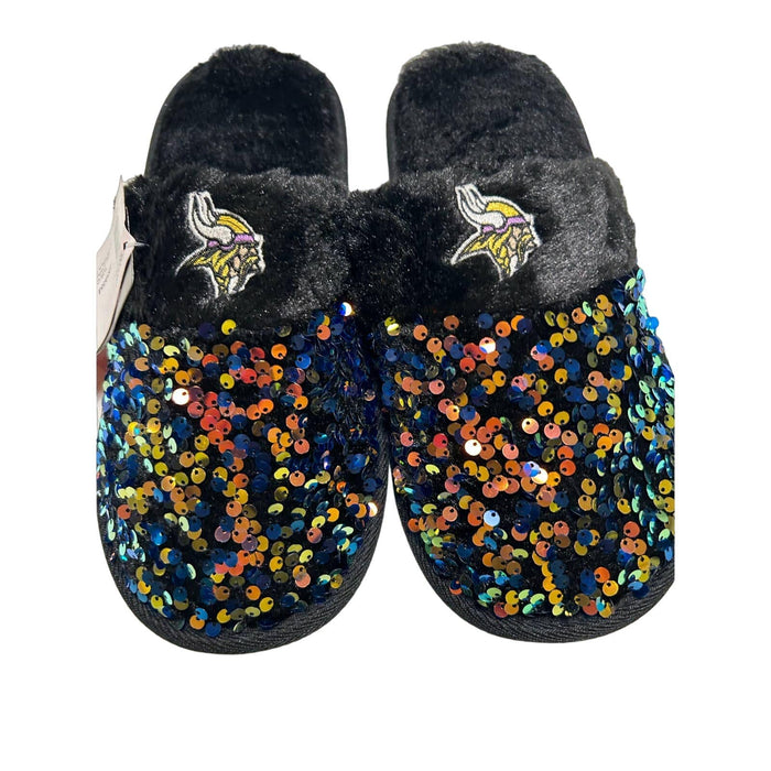 FOCO 9-10 / Black-Purple FOCO Women's NCAA Sequin Fashion Slippers Minnesota Vikings SZ L 9/10