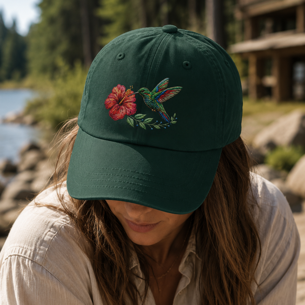 Woman in hummingbird embroidered hat botanical floral island style
