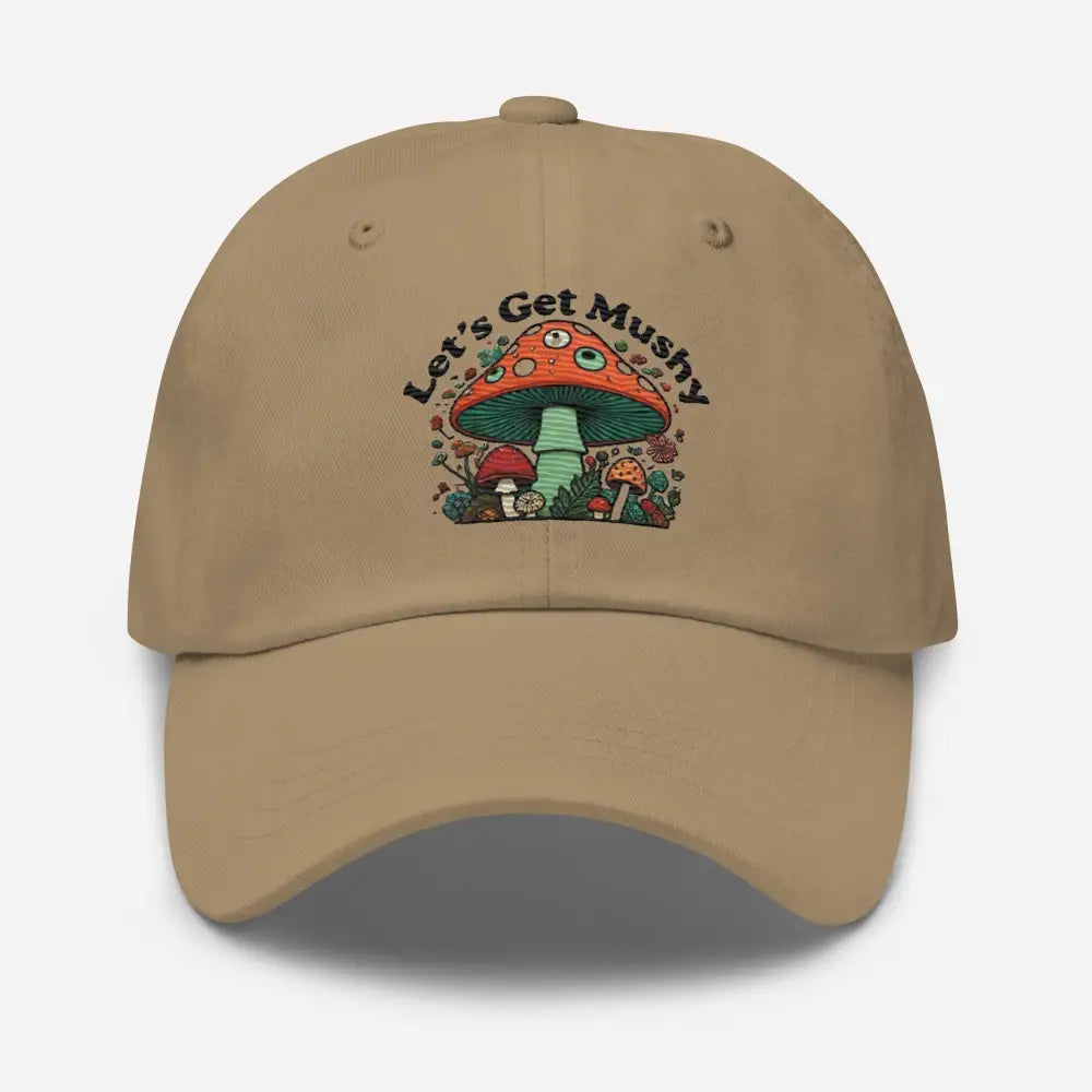 Light brown Whimsical Mushroom Festival hat with colorful forest mushroom design