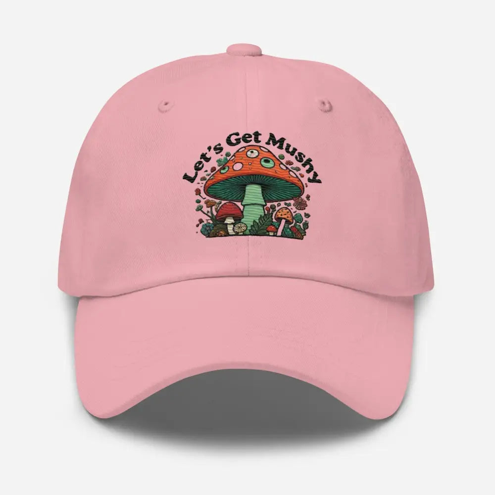 Pink whimsical mushroom embroidered baseball cap with antique buckle strap for festival goers