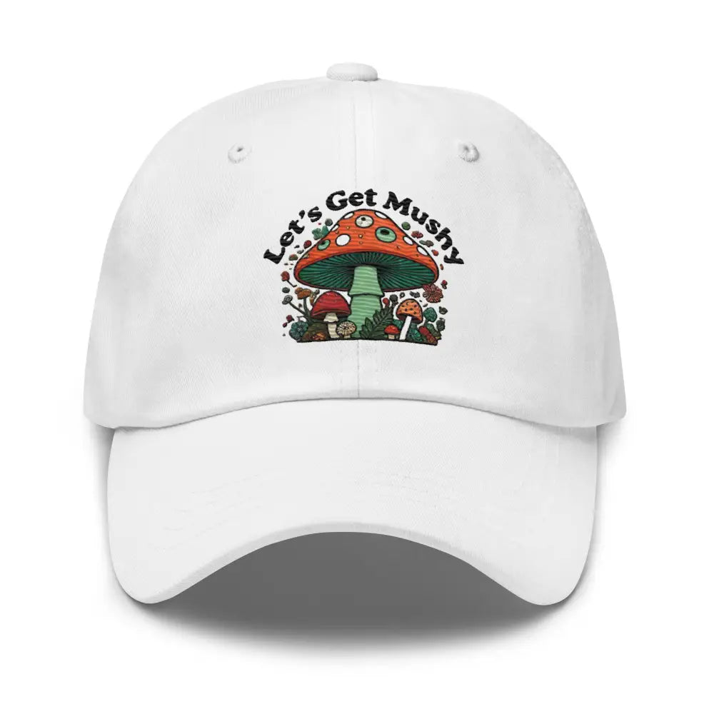 White Whimsical Mushroom Festival hat with colorful Let’s Get Mushy graphic