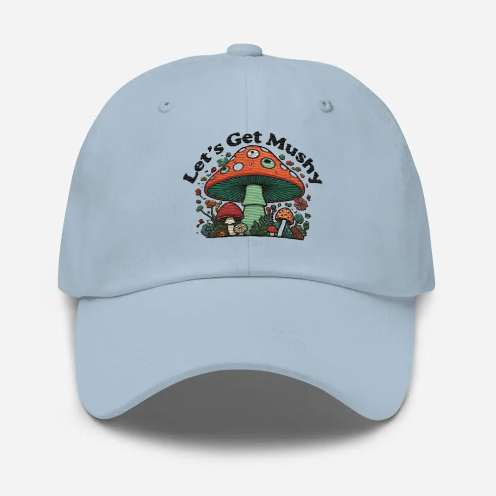 Light blue Whimsical Mushroom Festival hat with forest mushroom embroidery
