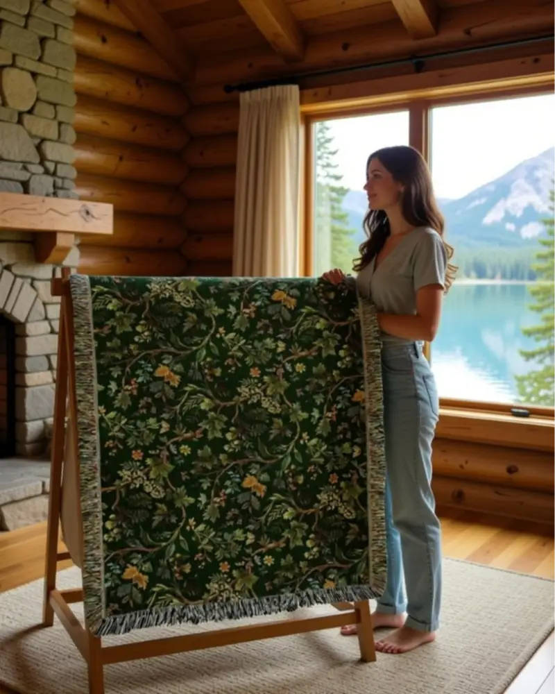 Trini skies forest woodland woven botanical cotton tapestry throw blanket