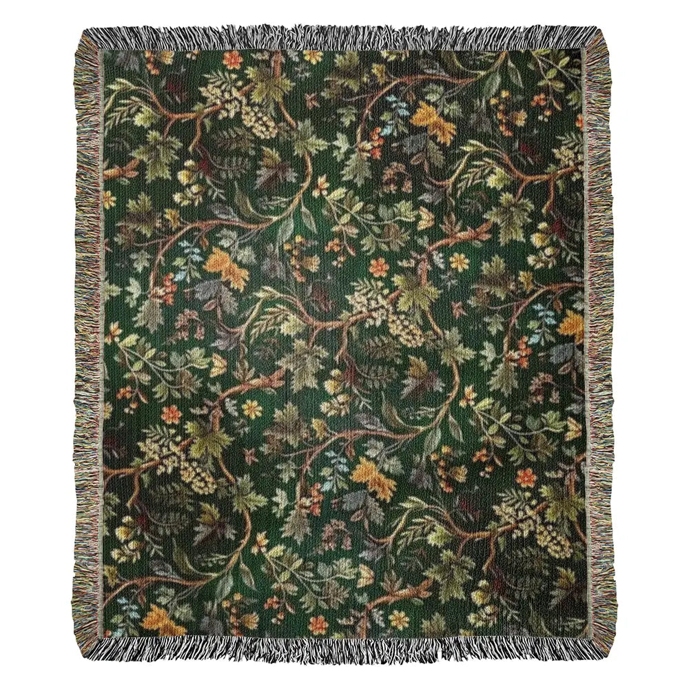 Forest woodland woven throw blanket by Trini Skies, botanical cotton tapestry