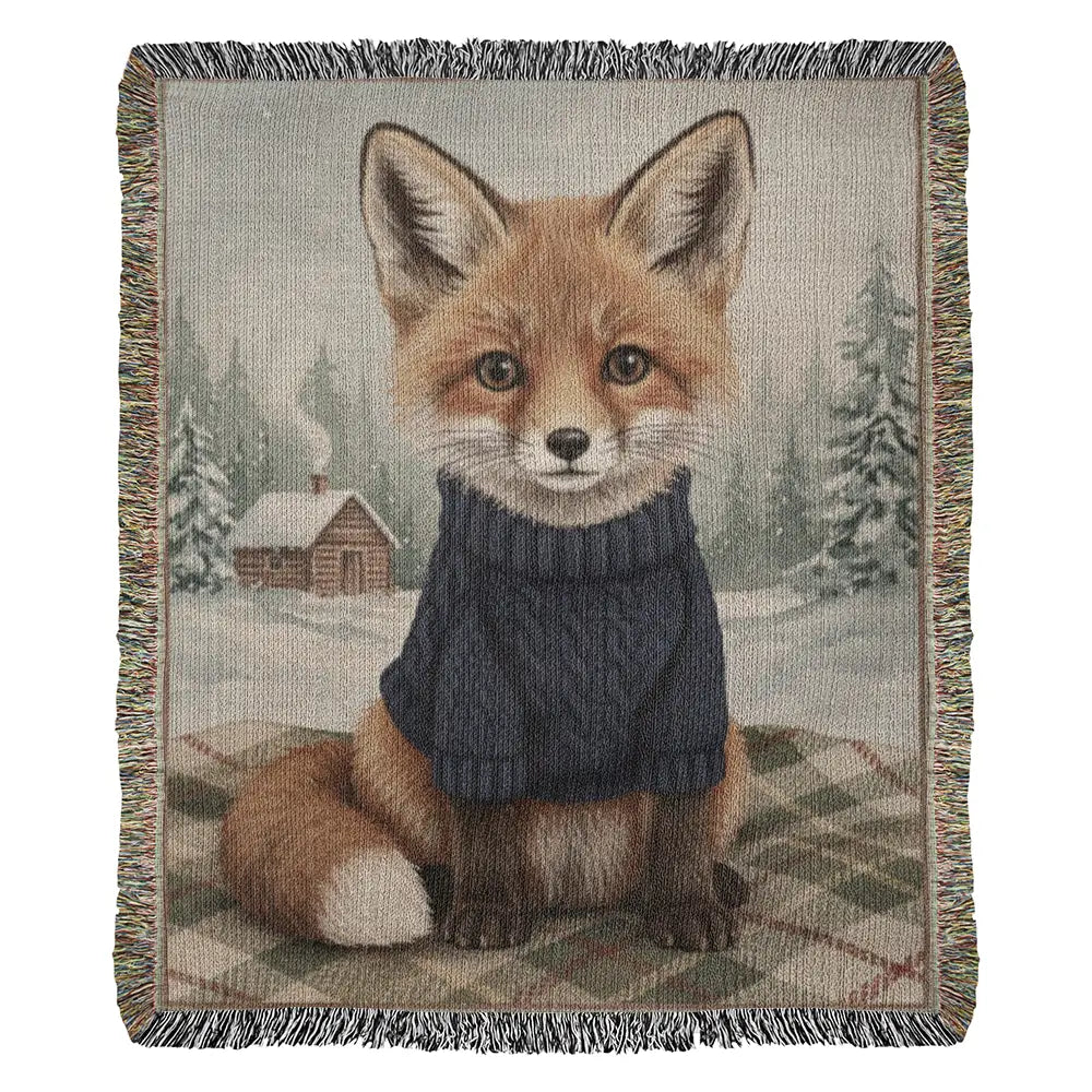 Cozy red fox in blue sweater on vintage inspired woodland blanket with cabin