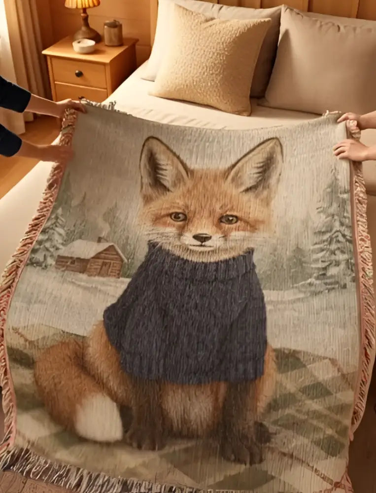 Cozy fox winter cabin blanket with vintage inspired woodland fox in sweater