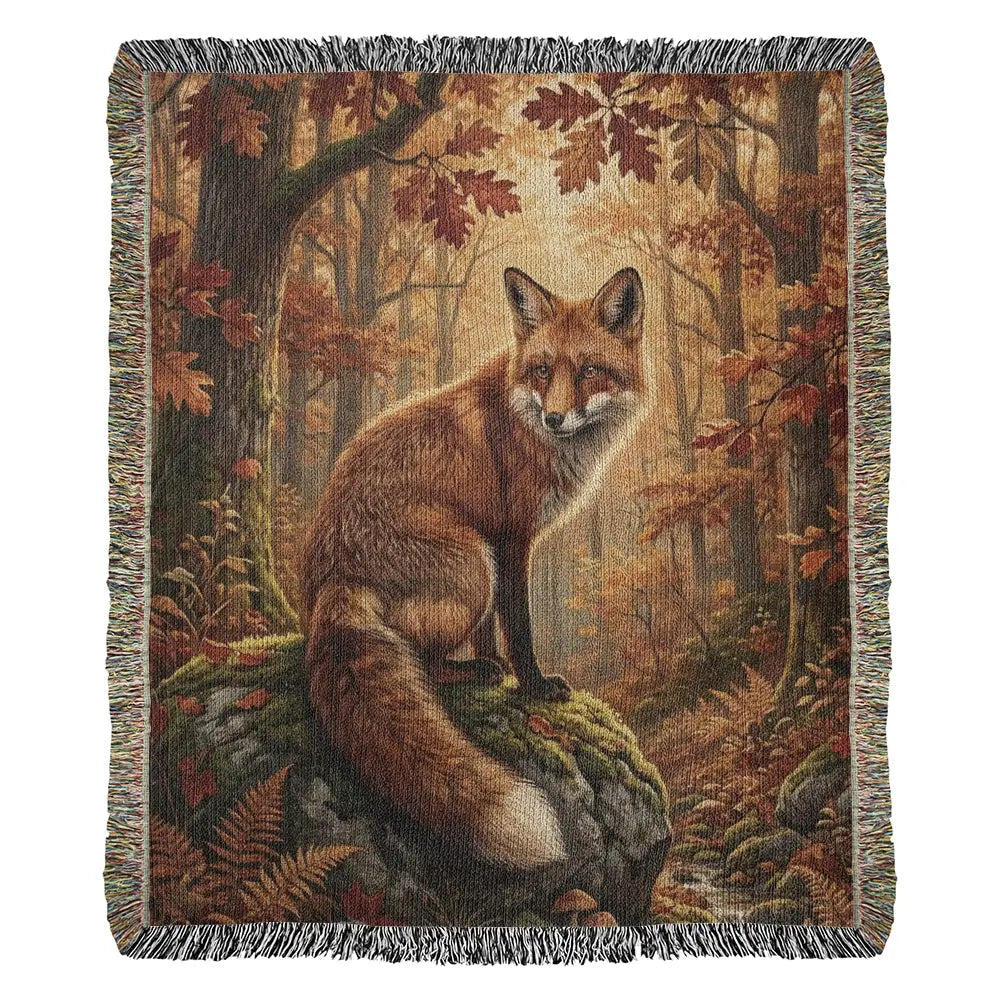 Fox woven blanket with red fox on mossy rock in autumn forest