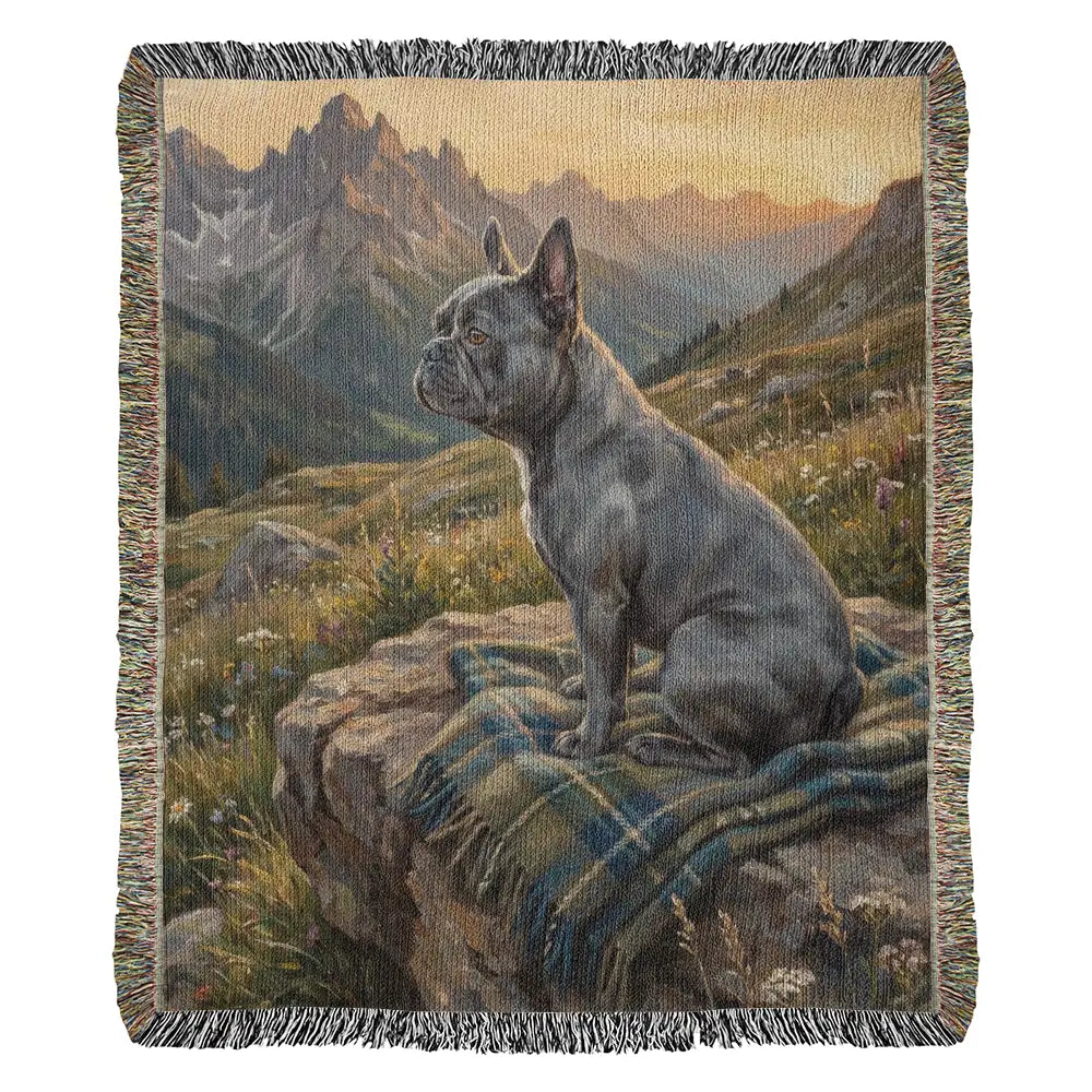 Gray French bulldog woven cotton throw at alpine sunrise on rocks with mountains