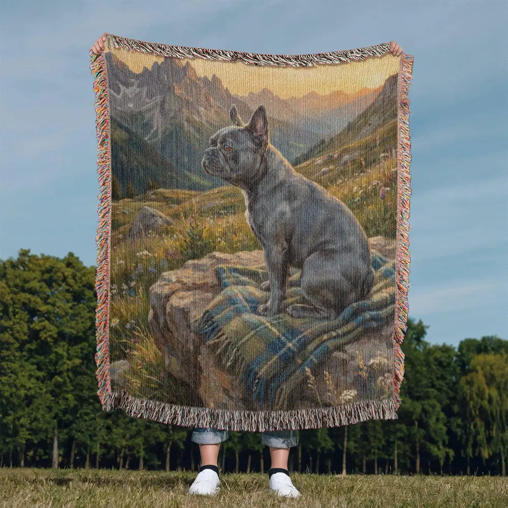 Gray French bulldog on rock in mountains at alpine sunrise, woven cotton throw