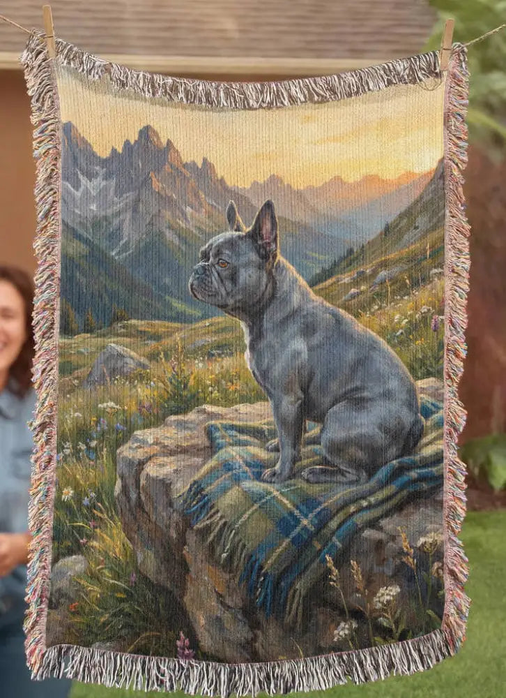 Gray French bulldog on rocks at alpine sunrise woven cotton throw