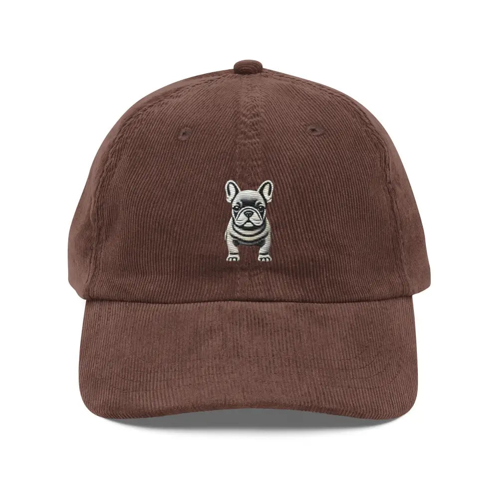 Brown vintage corduroy cap with embroidered adorable French Bulldog