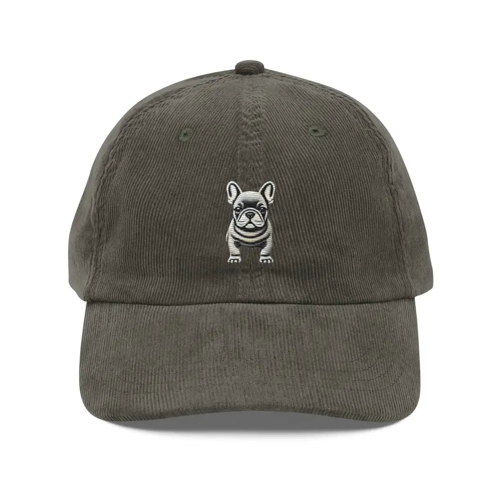 Olive green vintage corduroy cap with adorable French bulldog embroidery