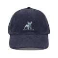 Dark blue French bulldog embroidered corduroy cap with adjustable strap