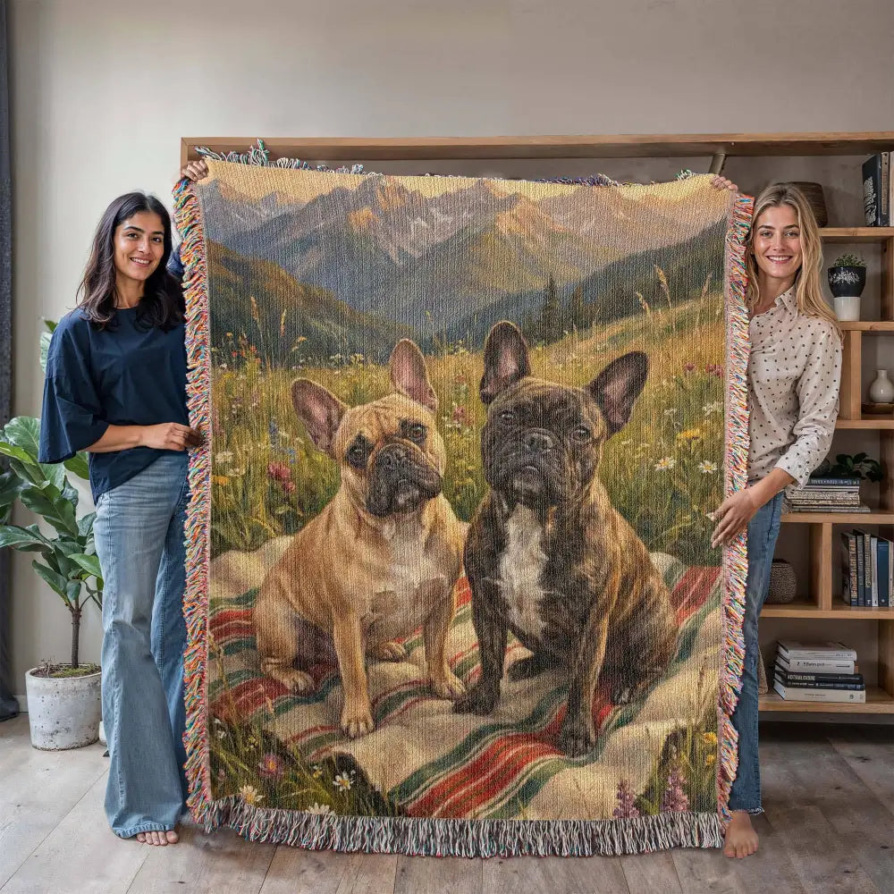 Woven cotton blanket of French bulldogs in alpine meadow, pet lover gifts