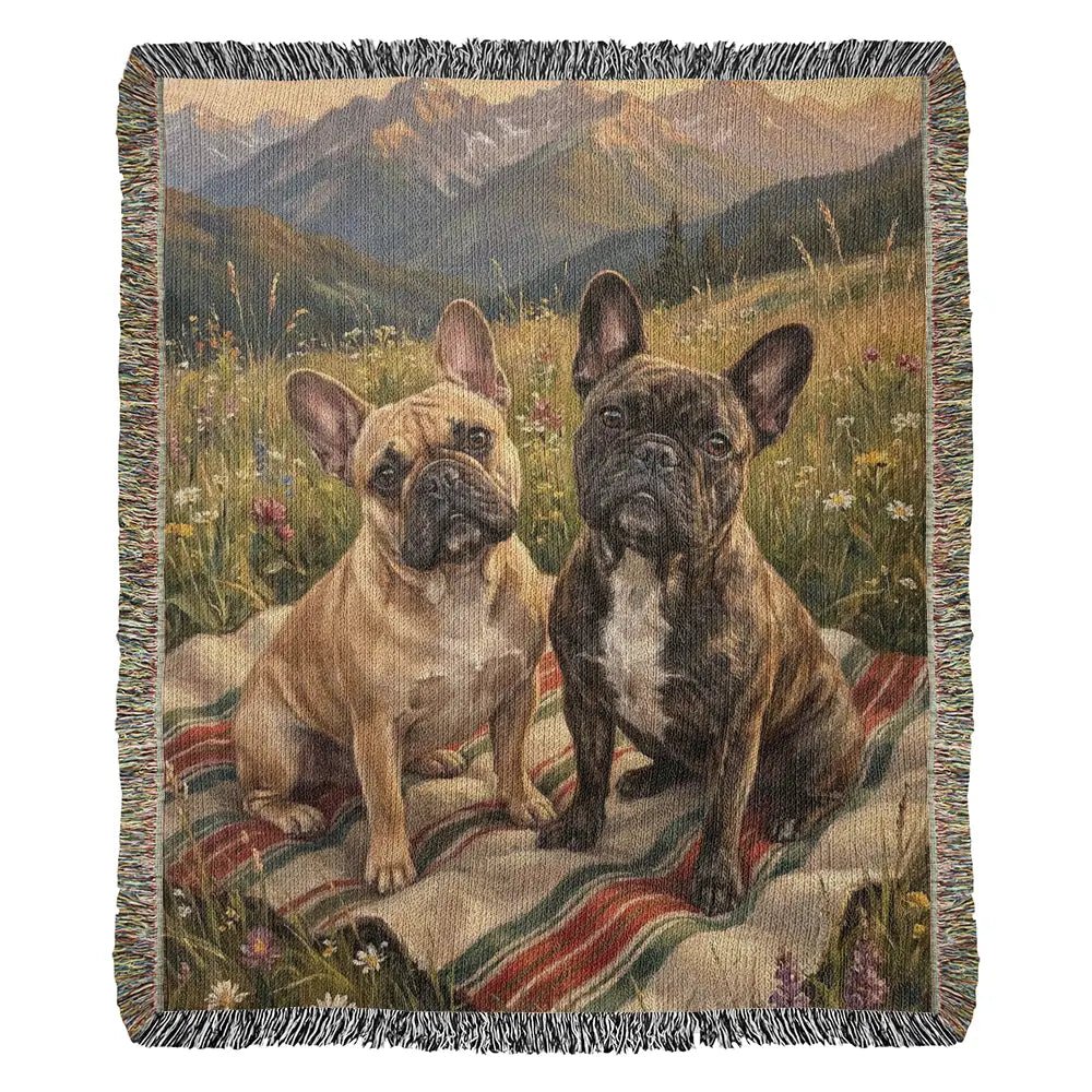 Woven cotton blanket of French bulldogs in alpine meadow, pet lover gifts