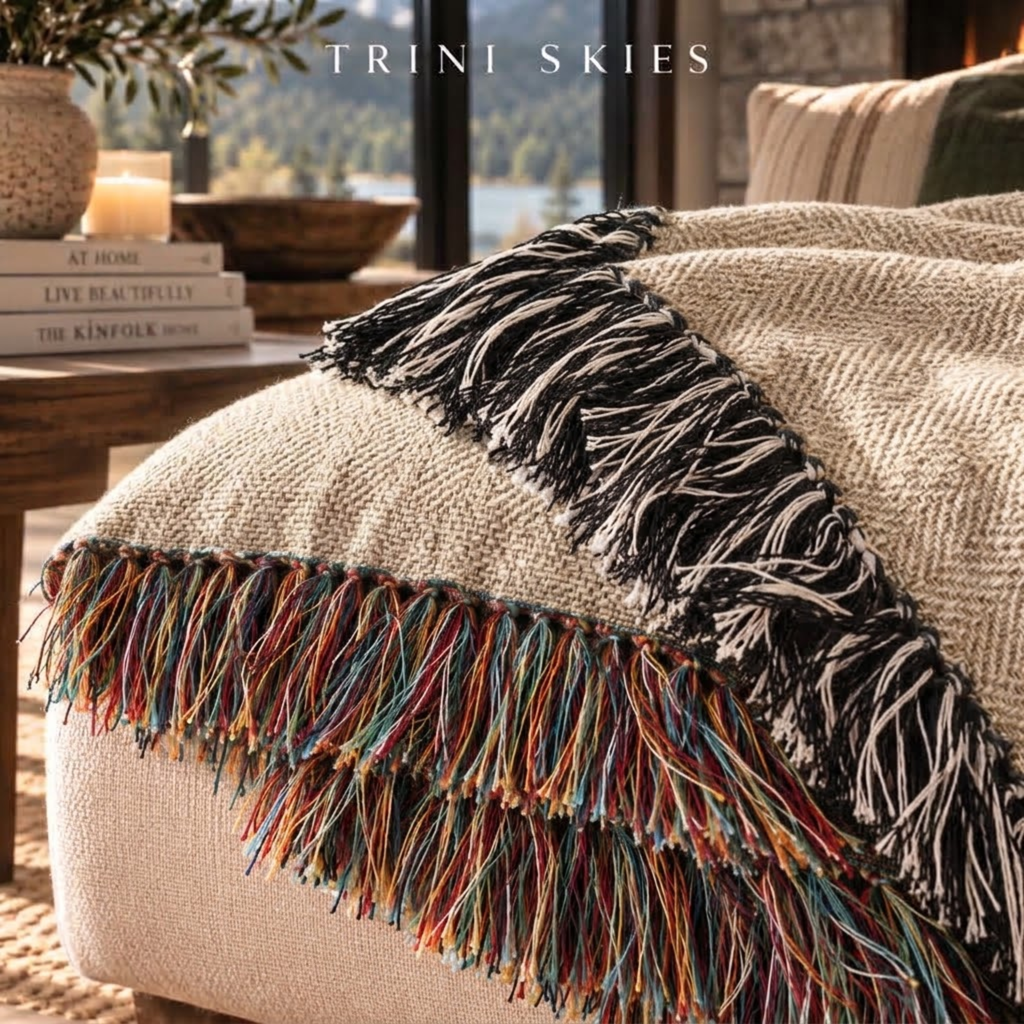 A close-up of a woven throw blanket draped over a light beige upholstered chair in a styled interior. The blanket has a cream base with brown geometric stripes and black fringe, plus multicolored fringe strands.

