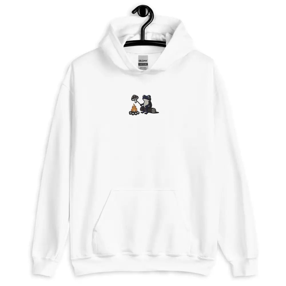 White hooded Frog by the Fire cozy hoodie with mushroom roasting embroidered frog design