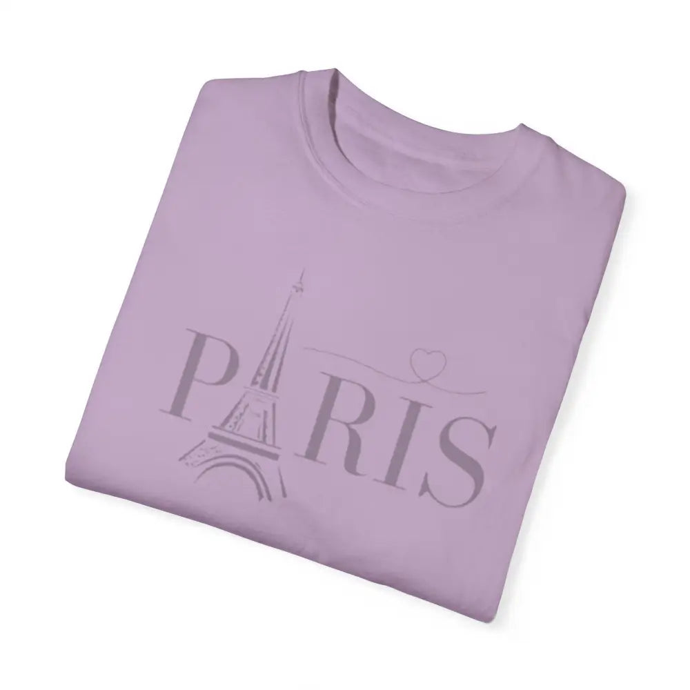 Folded light purple Eiffel Tower graphic tee in love embrace comfort cotton