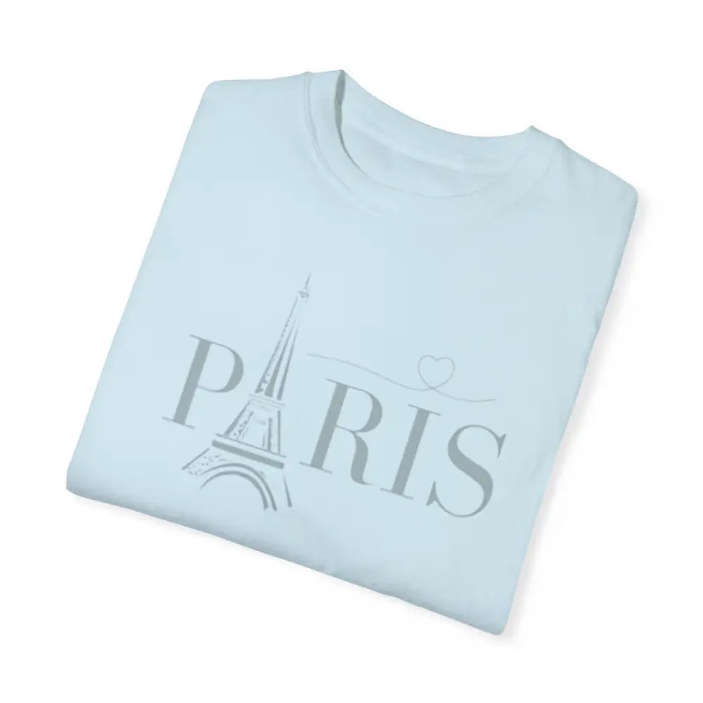 Folded light blue Paris Eiffel Tower graphic tee in love embrace comfort cotton