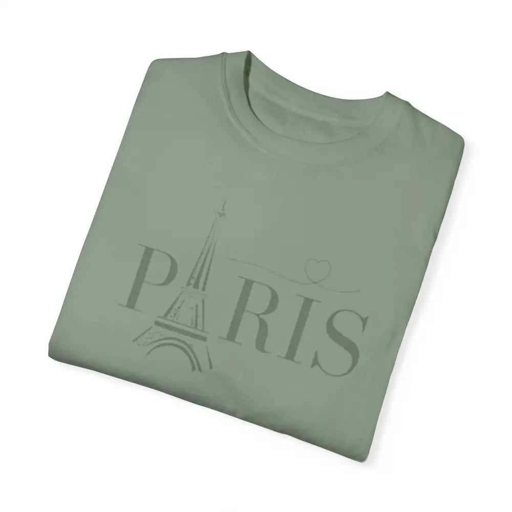 Folded sage green Eiffel Tower graphic tee with love embrace comfort cotton