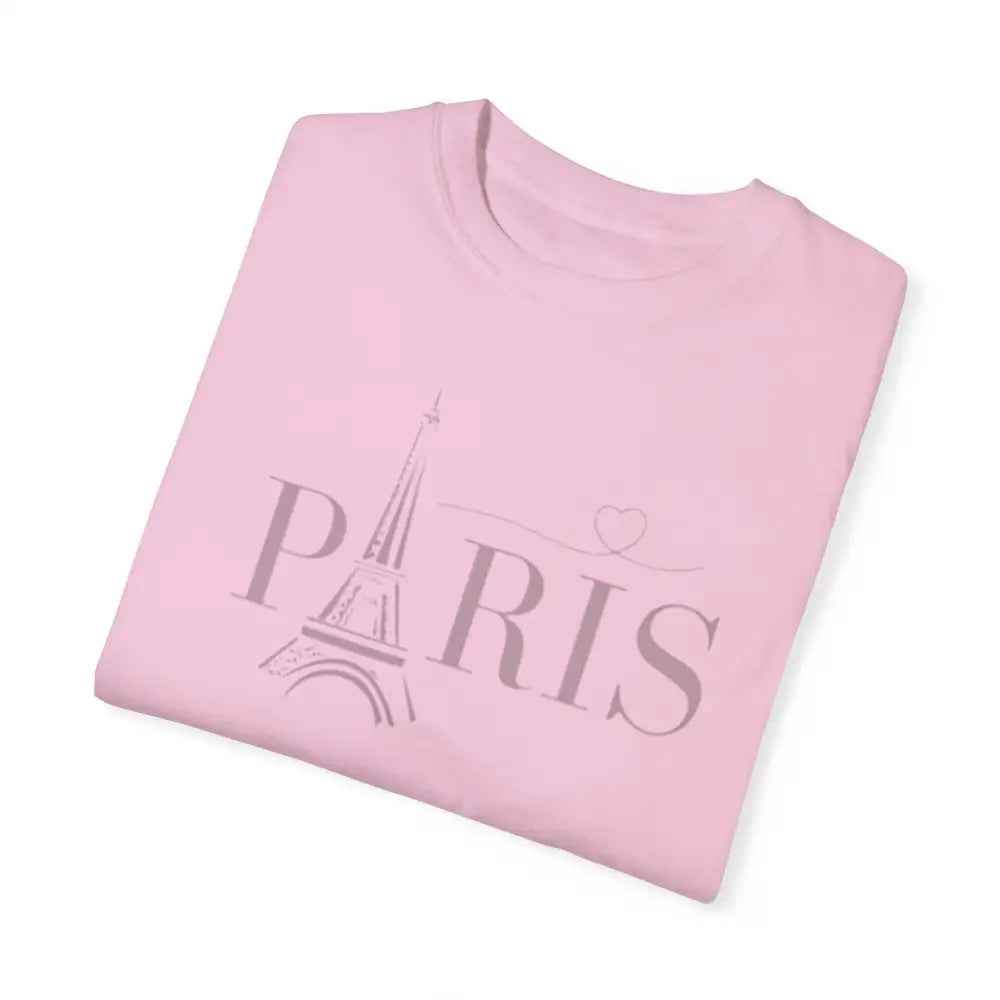 Pink Eiffel Tower graphic tee in love embrace comfort cotton