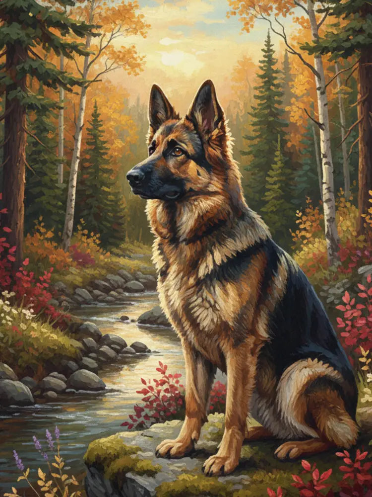 Majestic German Shepherd by creek on woven cotton wilderness blanket