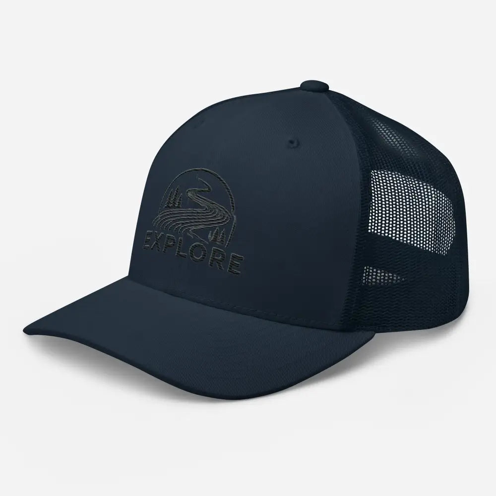 Navy embroidered Explore outdoors trucker hat – hiking camping mesh back cap