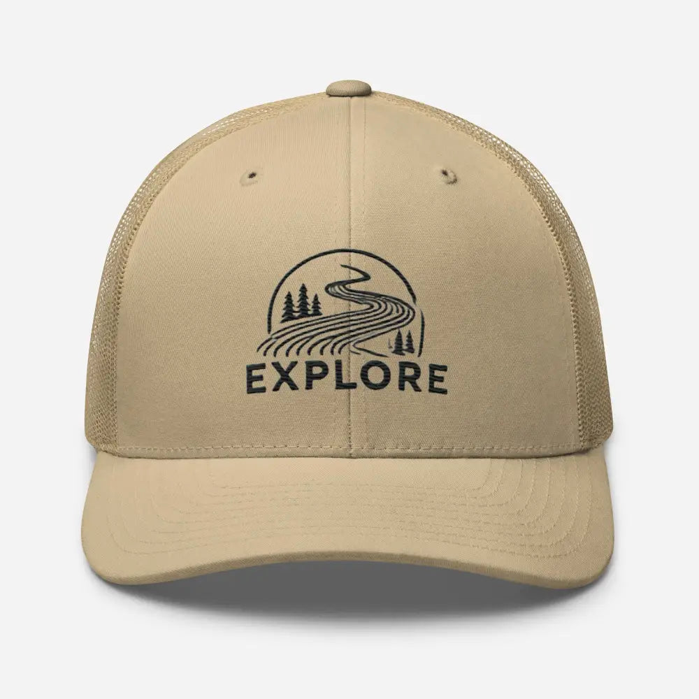 Rustic orange khaki embroidered Explore outdoors trucker hat – nature hiking cap