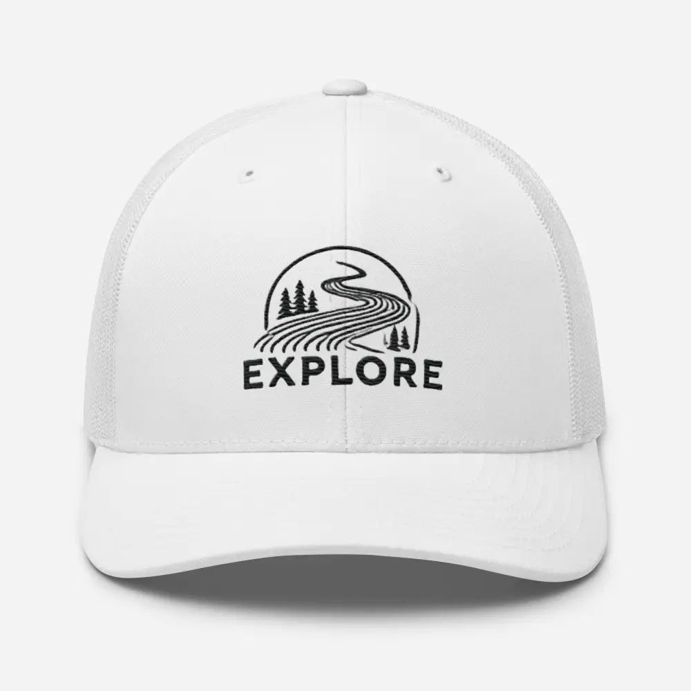 White embroidered Explore nature trucker cap – outdoor adventure adjustable mesh hat