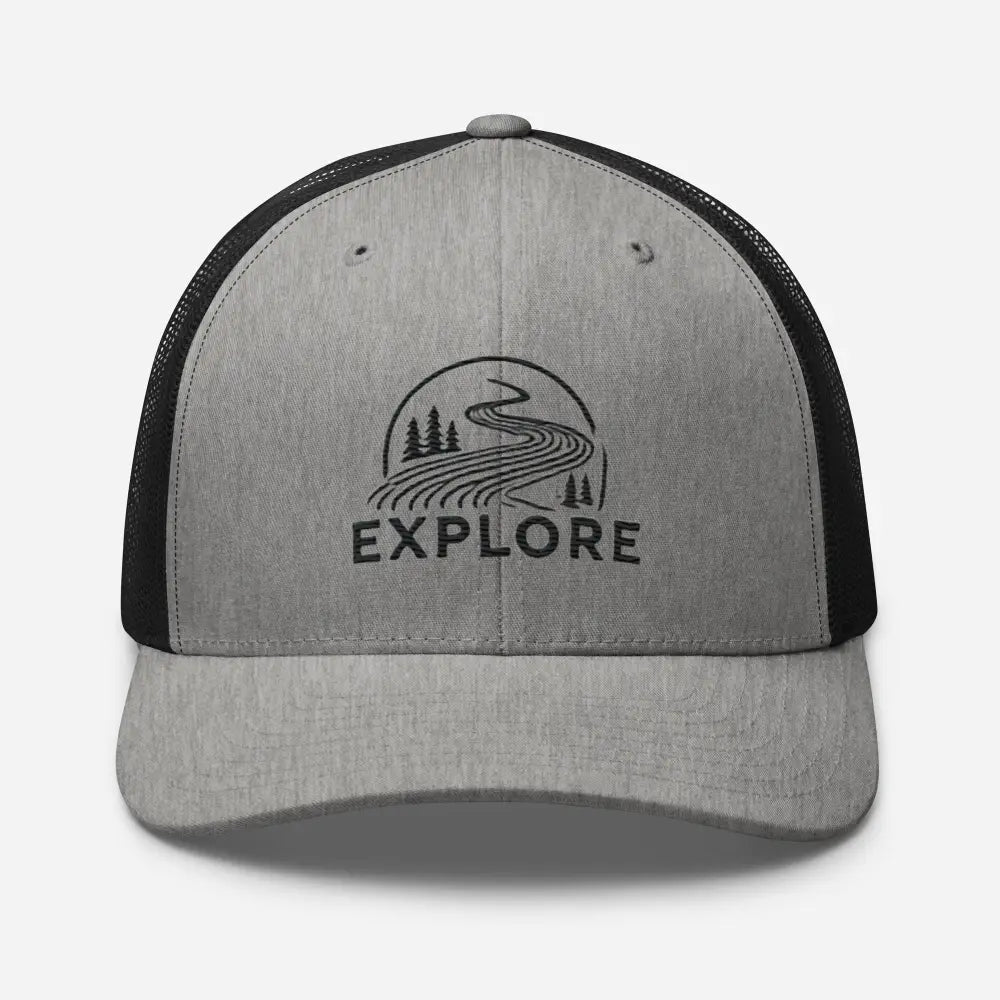 Charcoal black embroidered Explore nature trucker hat – outdoor adventure mesh back cap