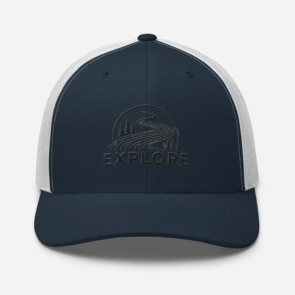 Navy white embroidered Explore outdoors trucker cap – nature hiking adjustable mesh hat