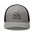 Heather black embroidered Explore nature trucker hat – outdoor adventure mesh back cap
