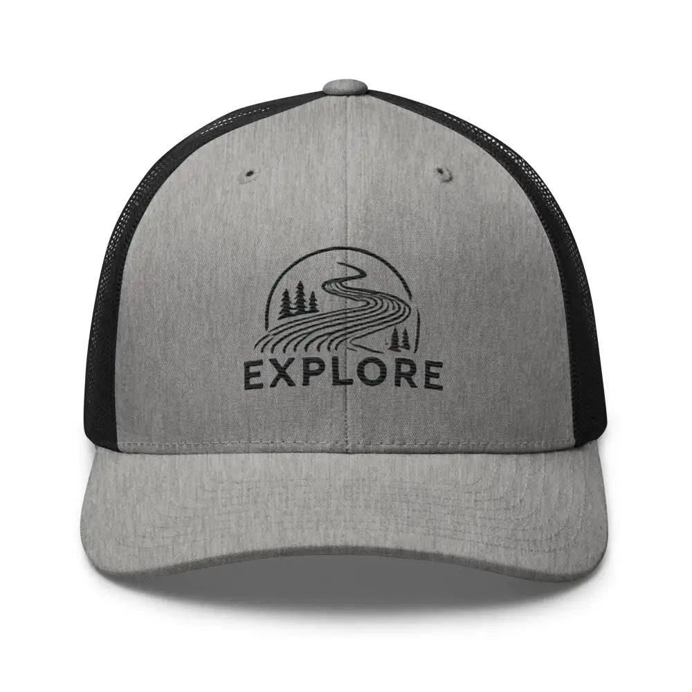 Heather black embroidered Explore nature trucker hat – outdoor adventure mesh back cap