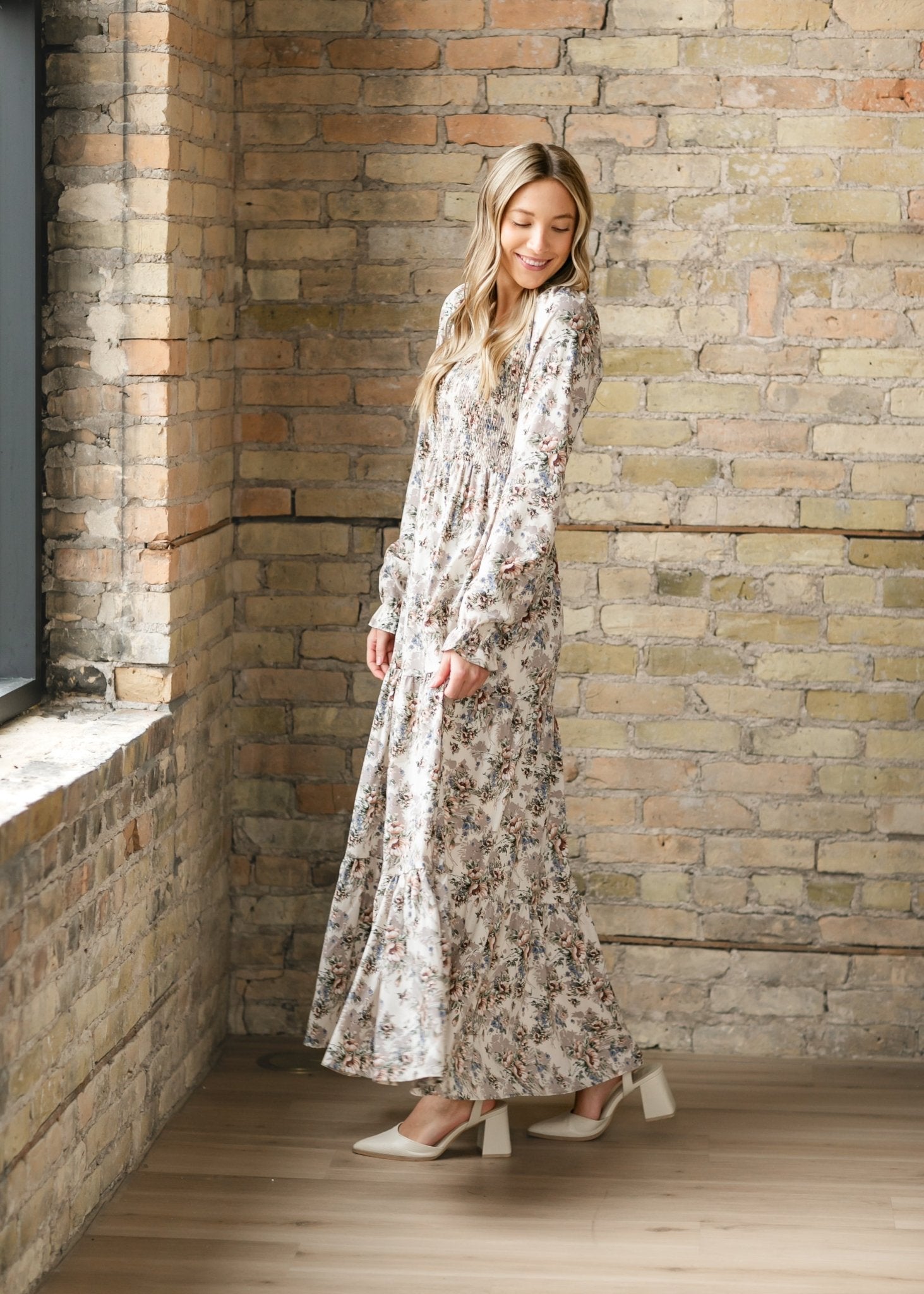 Gia Smocked Long Sleeve Maxi Dress – Ivory Multi Floral - Triniskies