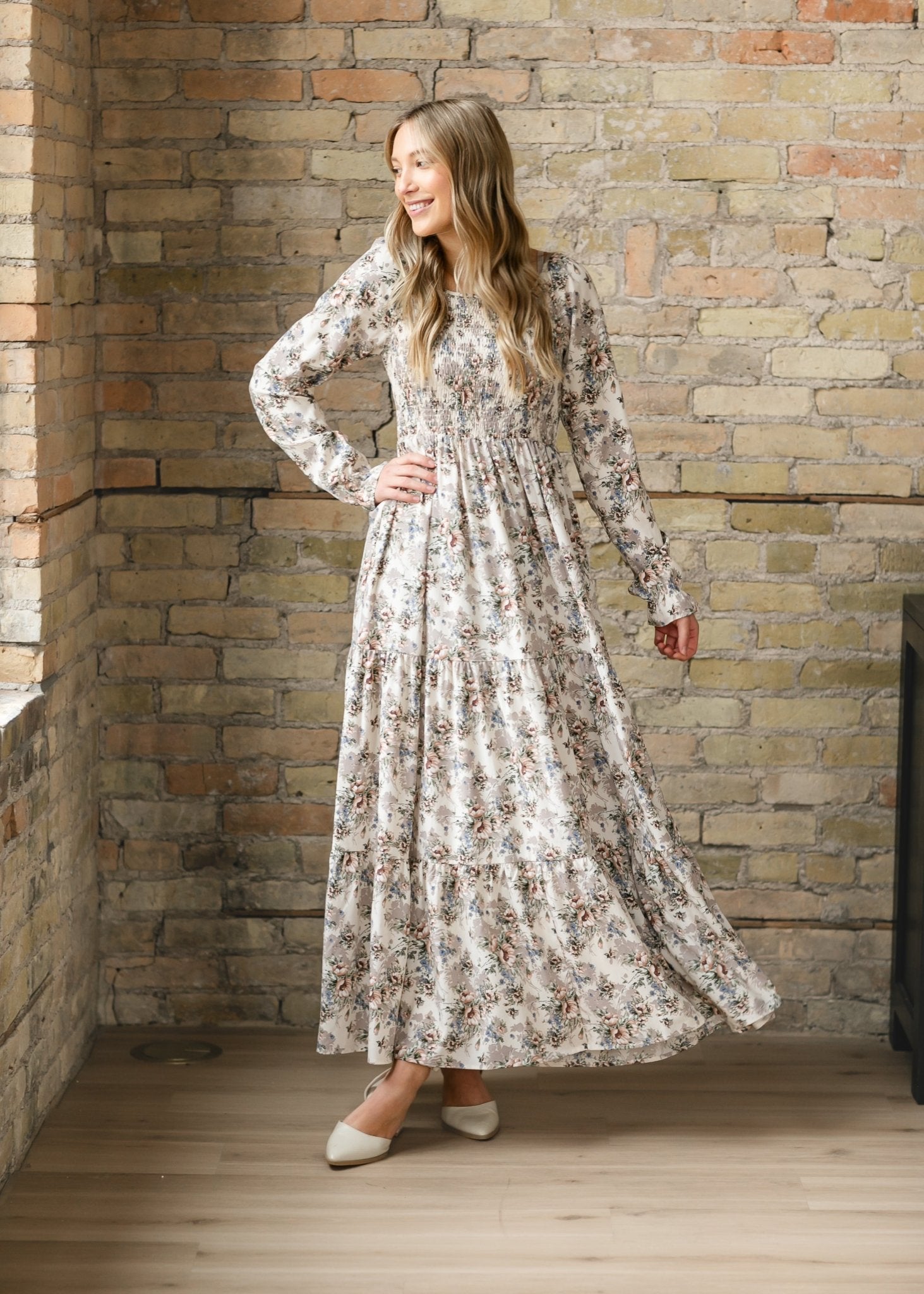 Gia Smocked Long Sleeve Maxi Dress – Ivory Multi Floral - Triniskies