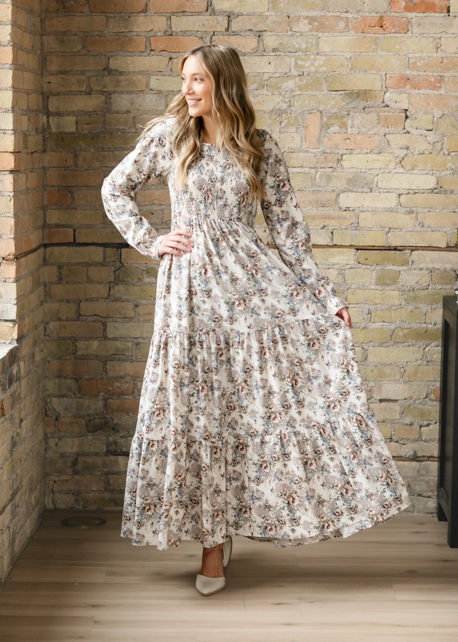 Gia Smocked Long Sleeve Maxi Dress – Ivory Multi Floral - Triniskies