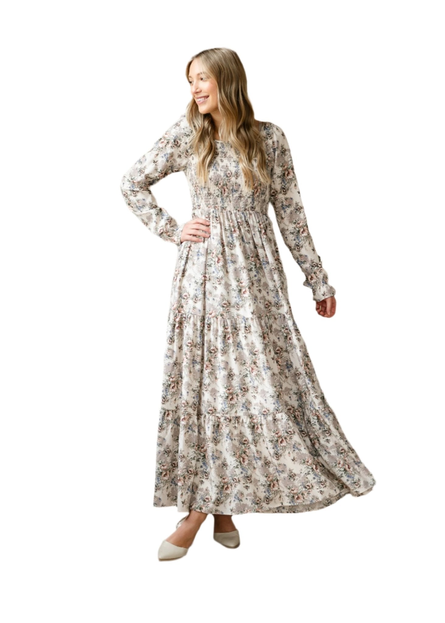 Gia Smocked Long Sleeve Maxi Dress – Ivory Multi Floral - Triniskies