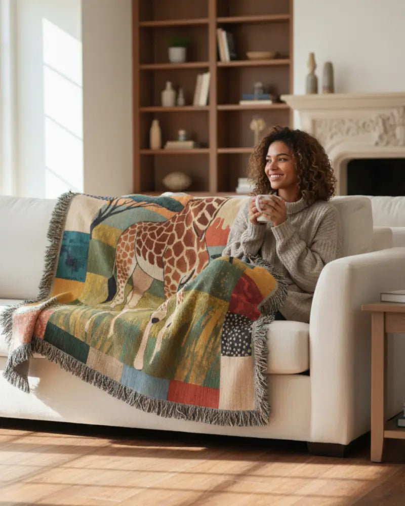 Vibrant giraffe woven blanket art textile throw with patchwork border