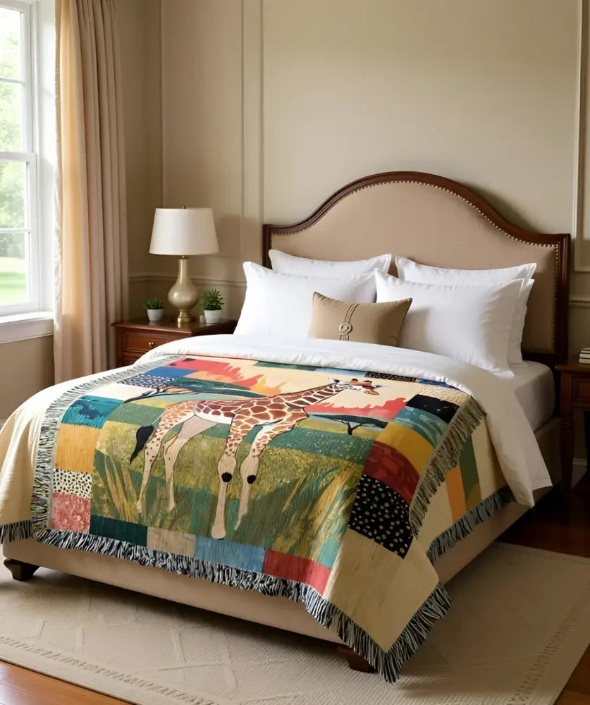 Vibrant giraffe woven blanket with savanna patchwork and fringed art textile throw
